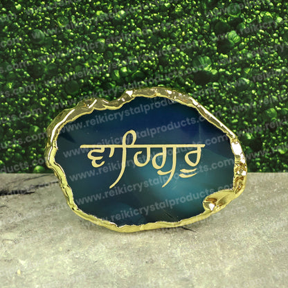 Crystal Stone Agate Waheguru Symbol Sileces & Coaster for Table Decoration