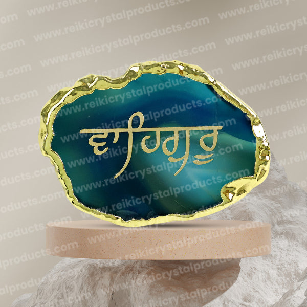 Crystal Stone Agate Waheguru Symbol Sileces & Coaster for Table Decoration