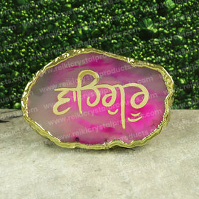 Crystal Stone Agate Waheguru Symbol Sileces & Coaster for Table Decoration