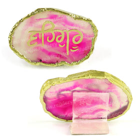 Crystal Stone Agate Waheguru Symbol Sileces & Coaster for Table Decoration