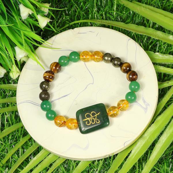 Wealth Money Magnet Bracelet Pyrite Tiger Eye Citrine Green Aventurine Combination Stone Bracelet with Zibu Coin 8 mm Round Bead Bracelet for Unisex