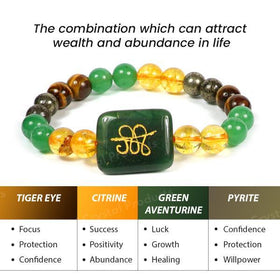 Wealth Money Magnet Bracelet Pyrite Tiger Eye Citrine Green Aventurine Combination Stone Bracelet with Zibu Coin 8 mm Round Bead Bracelet for Unisex