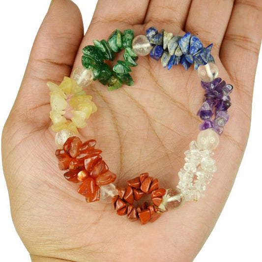 7 Chakra Chip with Clear Quartz Double Line Beads Bracelet