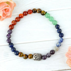 7 Chakra with Buddha Head 6 mm Round Bead Bracelet