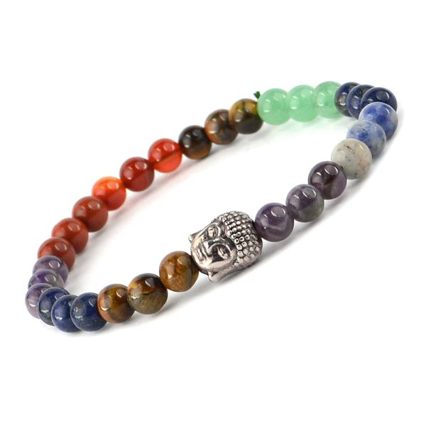7 Chakra with Buddha Head 6 mm Round Bead Bracelet