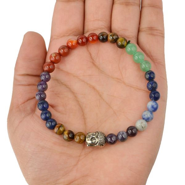 7 Chakra with Buddha Head 6 mm Round Bead Bracelet