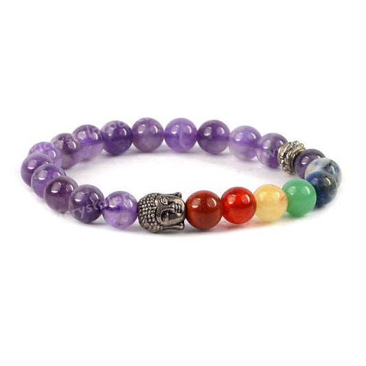 Natural Crystal Stone 7 Chakra Buddha Head Charm 8 mm Bracelet