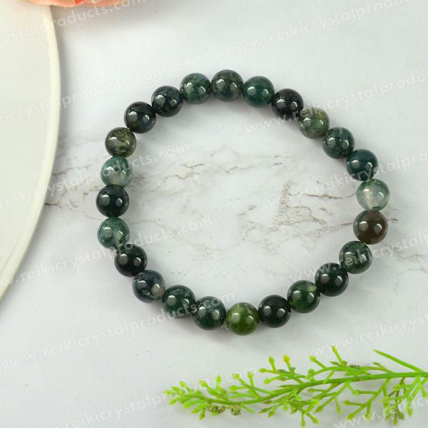Moss Agate crystal bracelet 8mm beads for stress relief and harmony