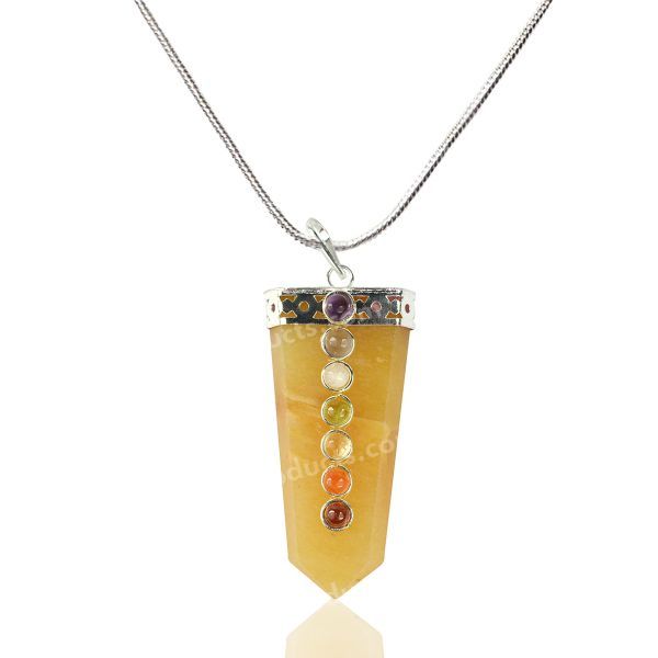 Golden Quartz Flat Stick 7 Chakra Beads Pendant with Metal Chain