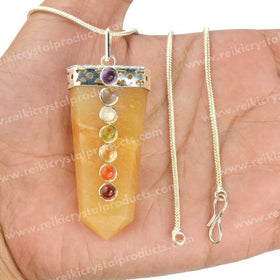 Golden Quartz Flat Stick 7 Chakra Beads Pendant with Metal Chain