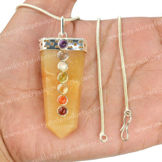 Golden Quartz Flat Stick 7 Chakra Beads Pendant with Metal Chain