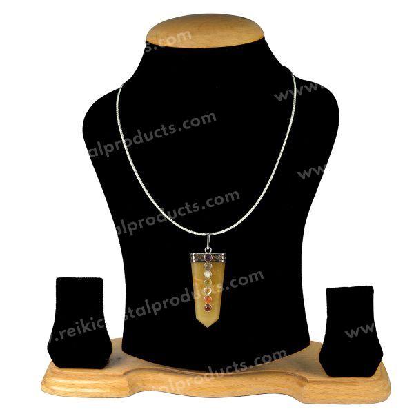 Golden Quartz Flat Stick 7 Chakra Beads Pendant with Metal Chain