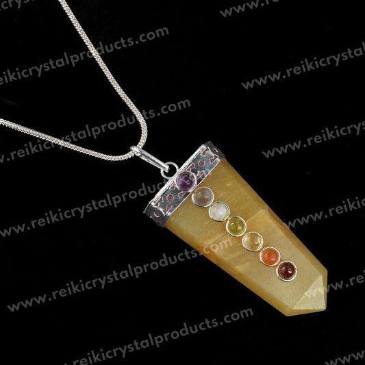 Golden Quartz Flat Stick 7 Chakra Beads Pendant with Metal Chain