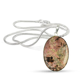 Natural Rhodonite Oval Pendant with Metal Chain
