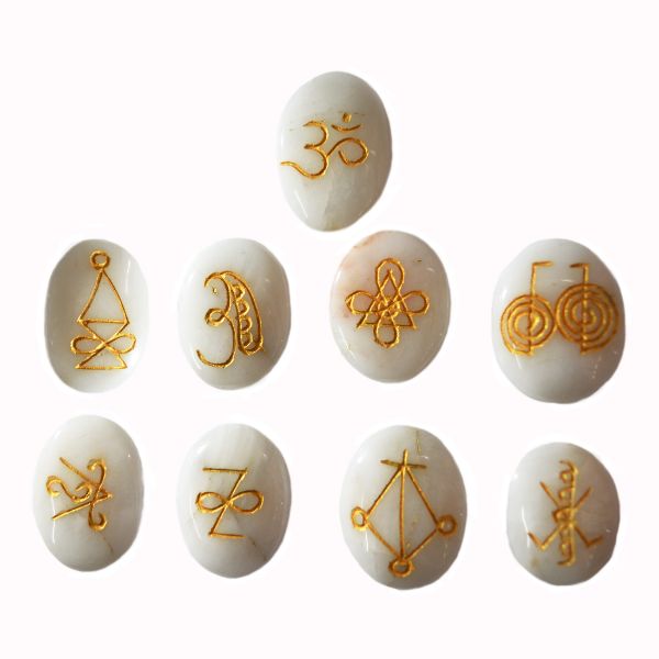 Natural Stone Oval Shape Karuna Reiki Symbol Engraved Set of 9 pcs
