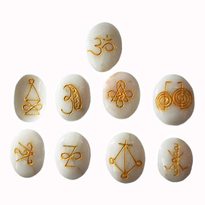 Natural Stone Oval Shape Karuna Reiki Symbol Engraved Set of 9 pcs