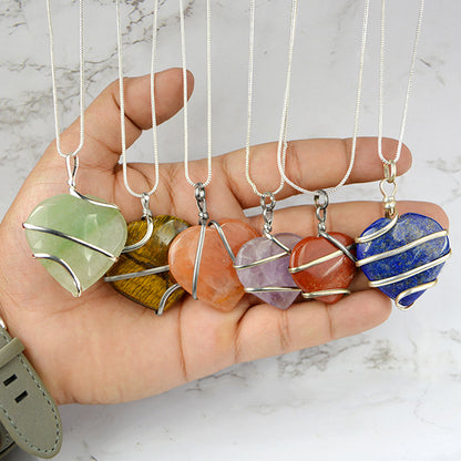 Natural Crystal Stone Wire Wrapped Heart Shape Pendant - Locket Size- 35 mm with Metal Chain