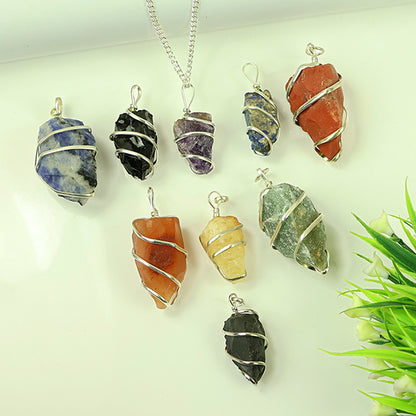 Natural Crystal Stone Wire Wrapped Pendant - Locket with Metal Chain