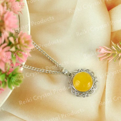 Natural Crystal Stone Round Designer Shape Pendant - Locket with Metal Chain