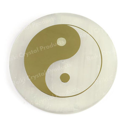 Selenite Ying Yang Symbol Engraved Charging Plate for Reiki Crystal Cleansing Size 7.6 cm (3 inch)
