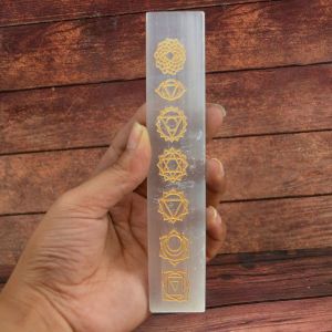 Selenite 7 Chakra Symbols Engraved Flat Stick Size 6 Inch Approx