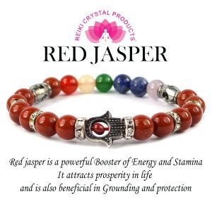 Red Jasper 7 Chakra 8 mm Round Bead Hamsa Charm Bracelet