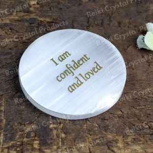 Selenite I am Confident Charging Plate for Reiki Crystal Cleansing Size 3 Inch Approx