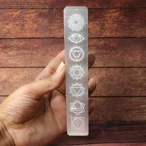 7 Chakra Symbols Engraved Selenite Flat Stick Size 6 Inch Approx