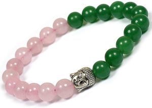 Green Jade & Rose Quartz with Buddha Head Charm Bracelet 