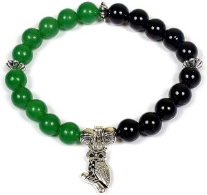 Green Jade & Black Tourmaline with Owl Charm Bracelet 