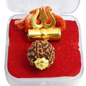 Brown and Gold Wooden Rudraksha Damru Locket Pendant