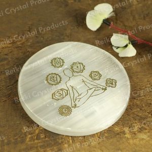 Selenite 7 Chakra Symbol Engraved Charging Plate for Reiki Crystal Cleansing Size 3 Inch Approx