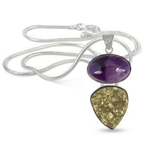 Natural Amethyst Pyrite Oval Shape Pendant/Locket With Metal Chain For Unisex