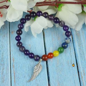 Amethyst with 7 Chakra Angel Feather Charm Hanging Bracelet