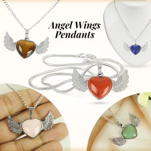Natural Crystal Stone Angel Wings Heart Shape Pendant / Locket with Metal Chain