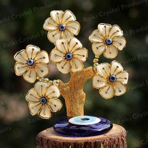 Evil Eye Tree with Glass Base, 6 flower for Home Decor Good Luck, Gift & Decorative Showpiece Golden Color