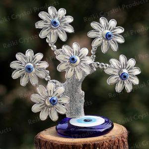 Evil Eye Tree with Glass Base 6 Flower Home Decor Showpiece Silver Color