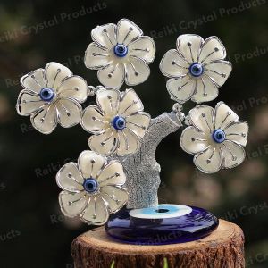 Evil Eye Tree with Glass Base 6 flower for Home Decor Showpiece Silver Color