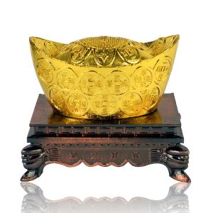 Vastu/Feng Shui Golden Wealth Ingot with Stand Home Decor Showpiece Small Size Approx 2 Inch