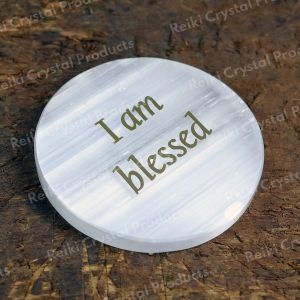 Selenite I am Blessed Charging Plate for Reiki Crystal Cleansing Size 3 Inch Approx