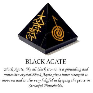 Black Agate Reiki Symbol Engraved Pyramid 40 mm Approx