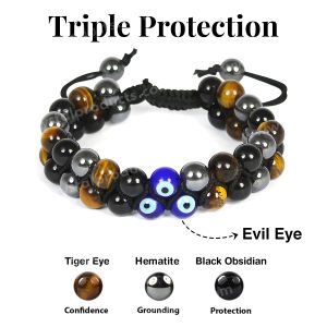 Triple Protection Black Obsidian with Evil Eye Macrame Nylon Cord Adjustable Wristband Double line Stone Bracelet