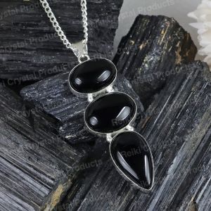 Natural Black Onyx 3 Stone Pendant/Locket With Metal Chain For Unisex Crystal Stone Pendant