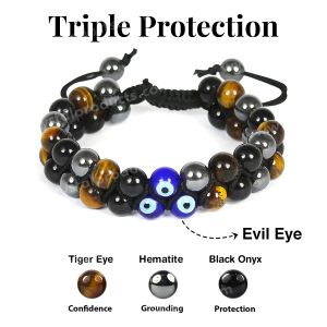 Triple Protection Black Onyx with Evil Eye Macrame Nylon Cord Adjustable Wristband Double line Stone Bracelet