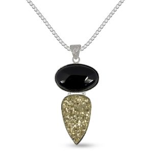 Natural Black Onyx Pyrite Oval Shape Pendant/Locket With Metal Chain For Unisex
