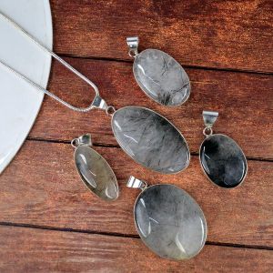 AAA Quality Black Rutile Quartz Oval Pendant With Chain