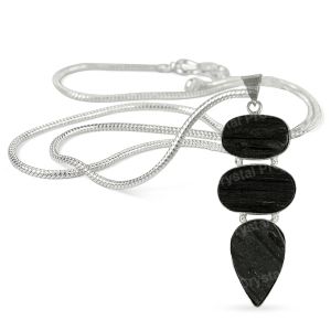 Natural Black Tourmaline 3 Stone Pendant/Locket With Metal Chain For Unisex Crystal Stone Pendant
