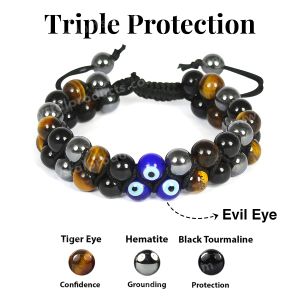 Triple Protection Black Tourmaline with Evil Eye Macrame Nylon Cord Adjustable Wristband Double line Stone Bracelet