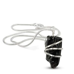 Black Tourmaline Natural Wire Wrapped Pendant with Chain