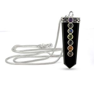 Black Tourmaline Flat Stick 7 Chakra Beads Pendant with Chain